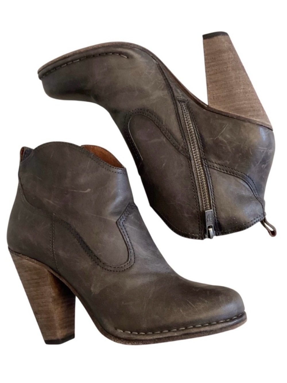 Frye 8.5 Madeline Leather Ankle Boots Womens Smoke Chunky Block Heels Distressed